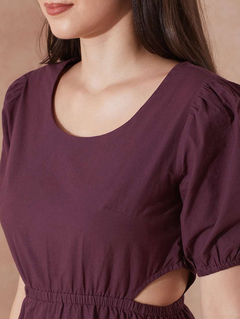 globus women burgundy round neck puff sleeves solid cut out detail a-line midi resort dress - 21943124 - Standard Image - 4