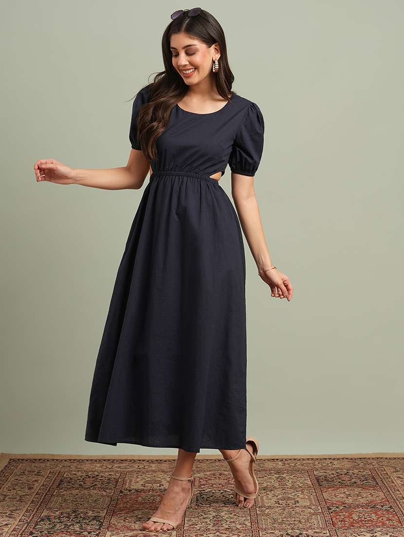 globus women navy blue round neck puff sleeves solid cut out detail a-line midi resort dress - 21943125 -  Standard Image - 1