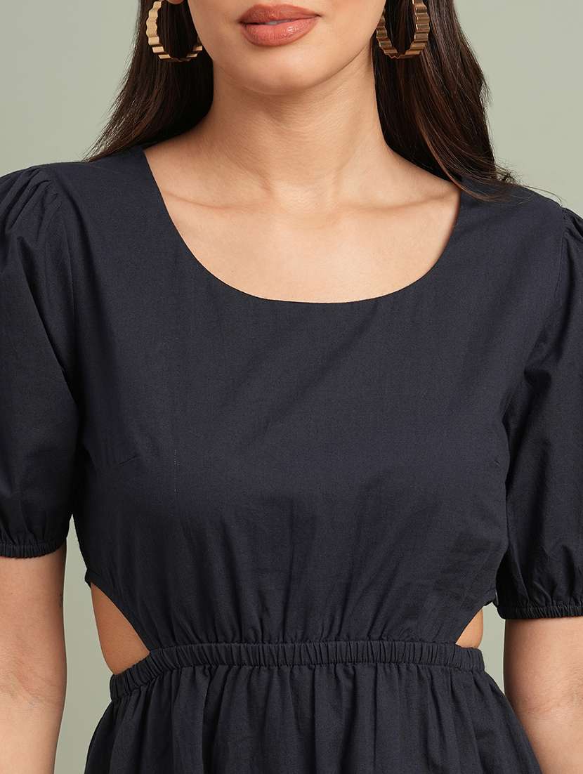 globus women navy blue round neck puff sleeves solid cut out detail a-line midi resort dress - 21943125 -  Standard Image - 4