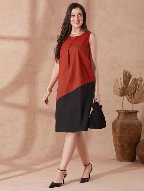 globus women red round neck colourblocked a-line knee length dress - 21943126 - Standard Image - 0