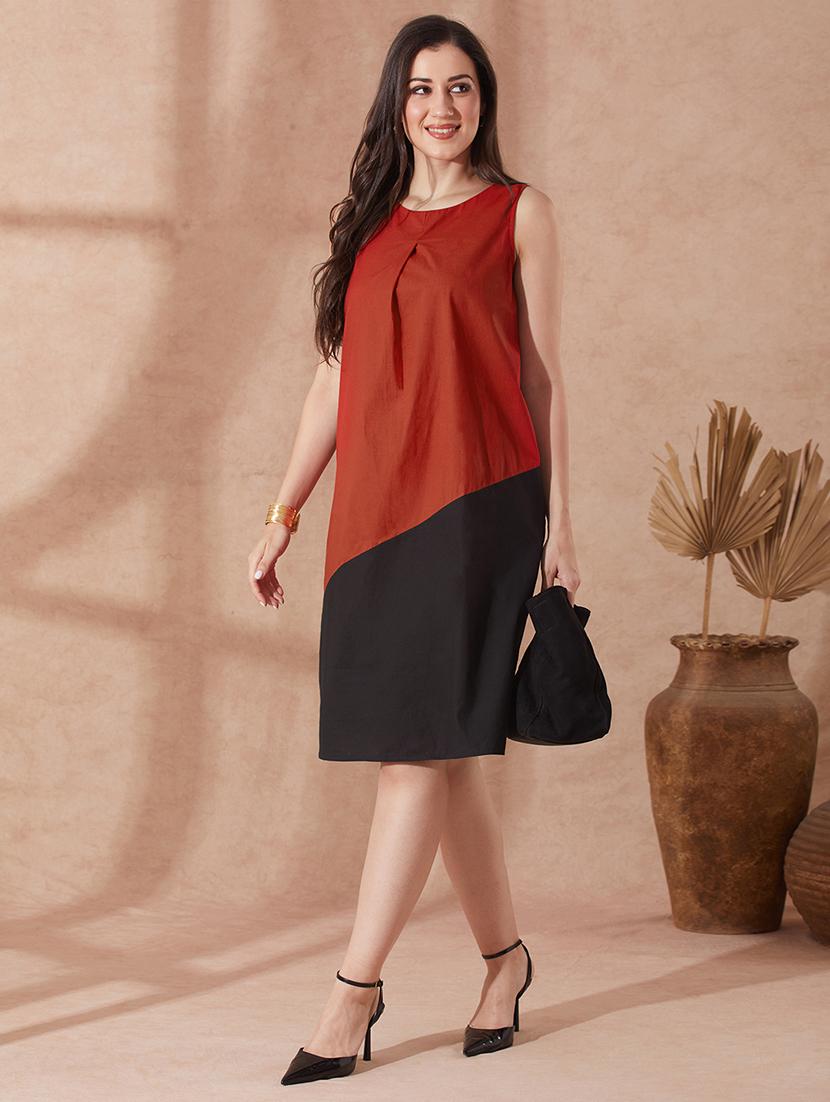 globus women red round neck colourblocked a-line knee length dress - 21943126 - Zoom Image - 0