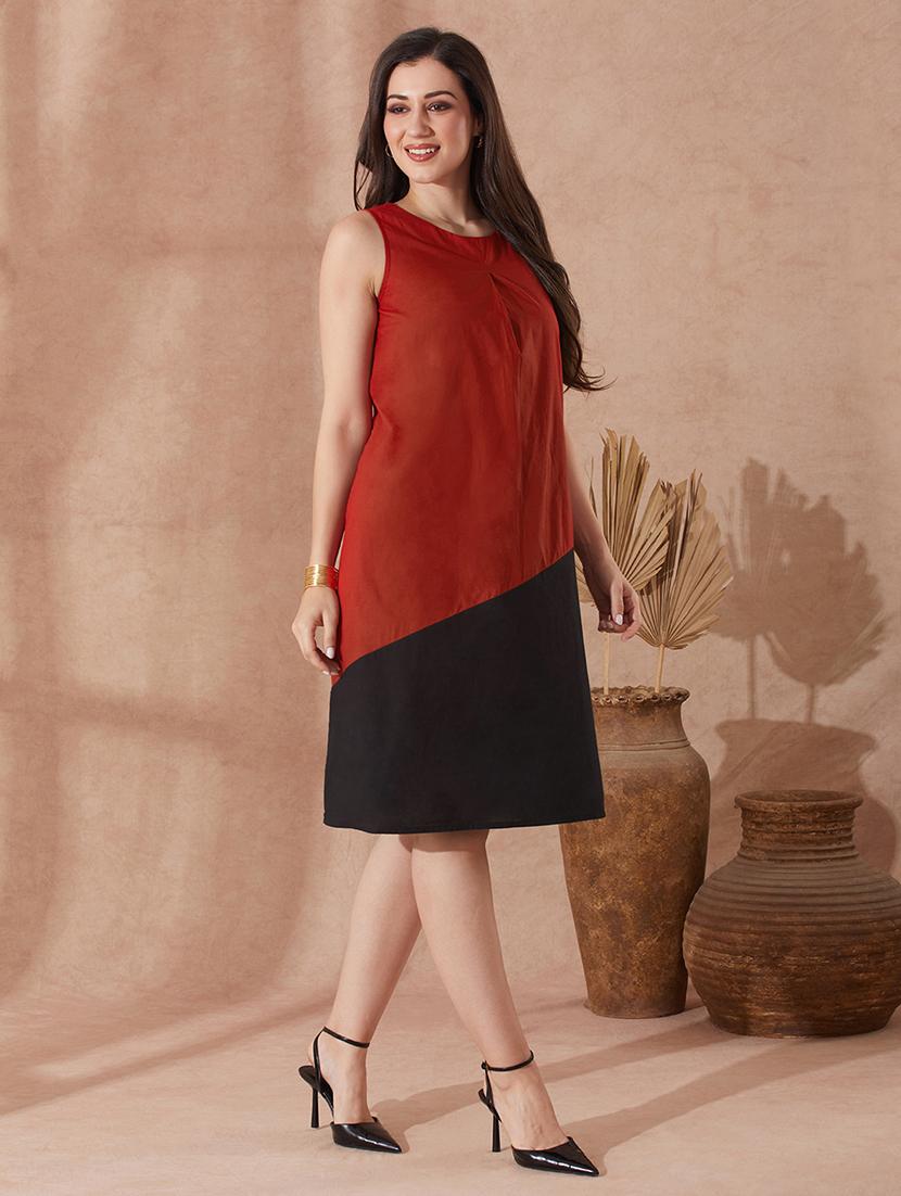 globus women red round neck colourblocked a-line knee length dress - 21943126 - Standard Image - 1