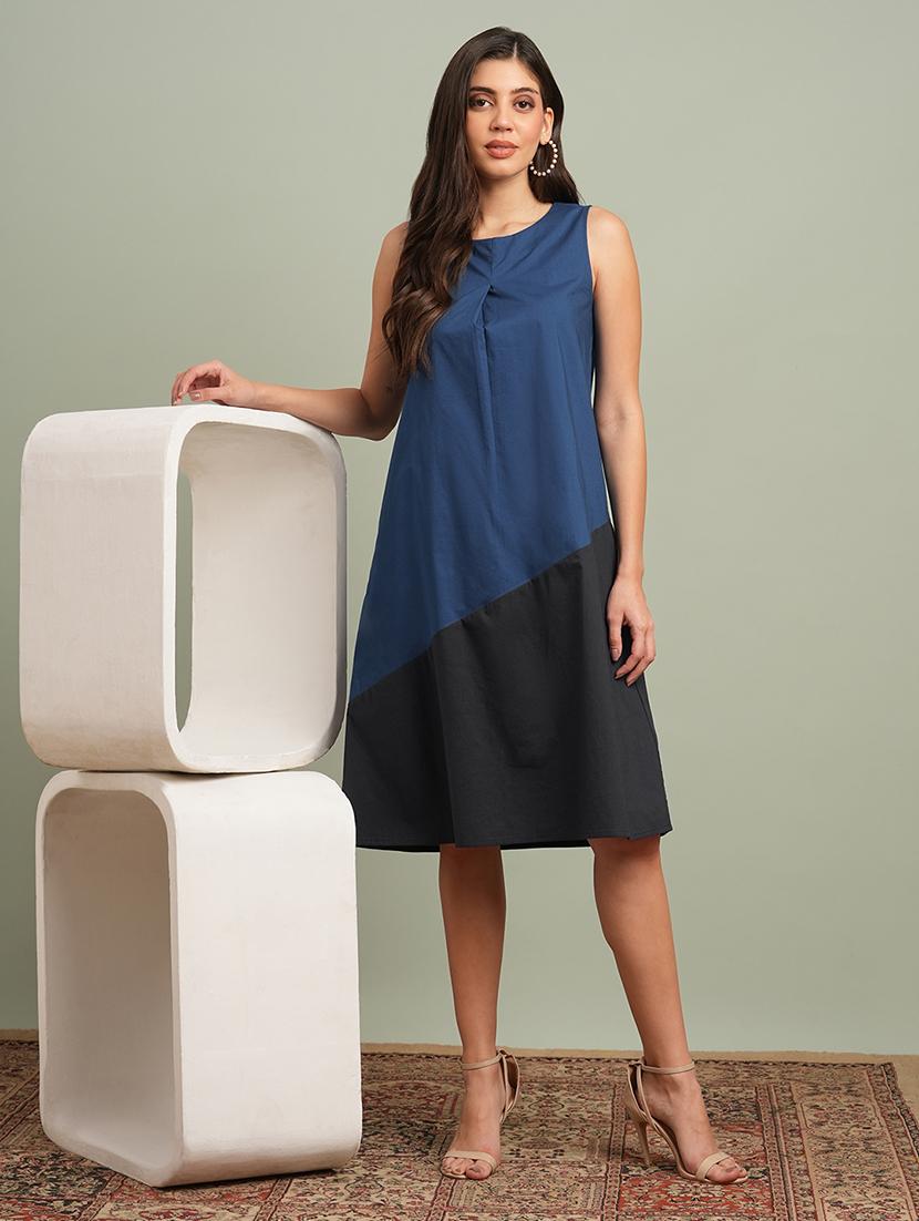 women color blocked sleeveless a-line dress