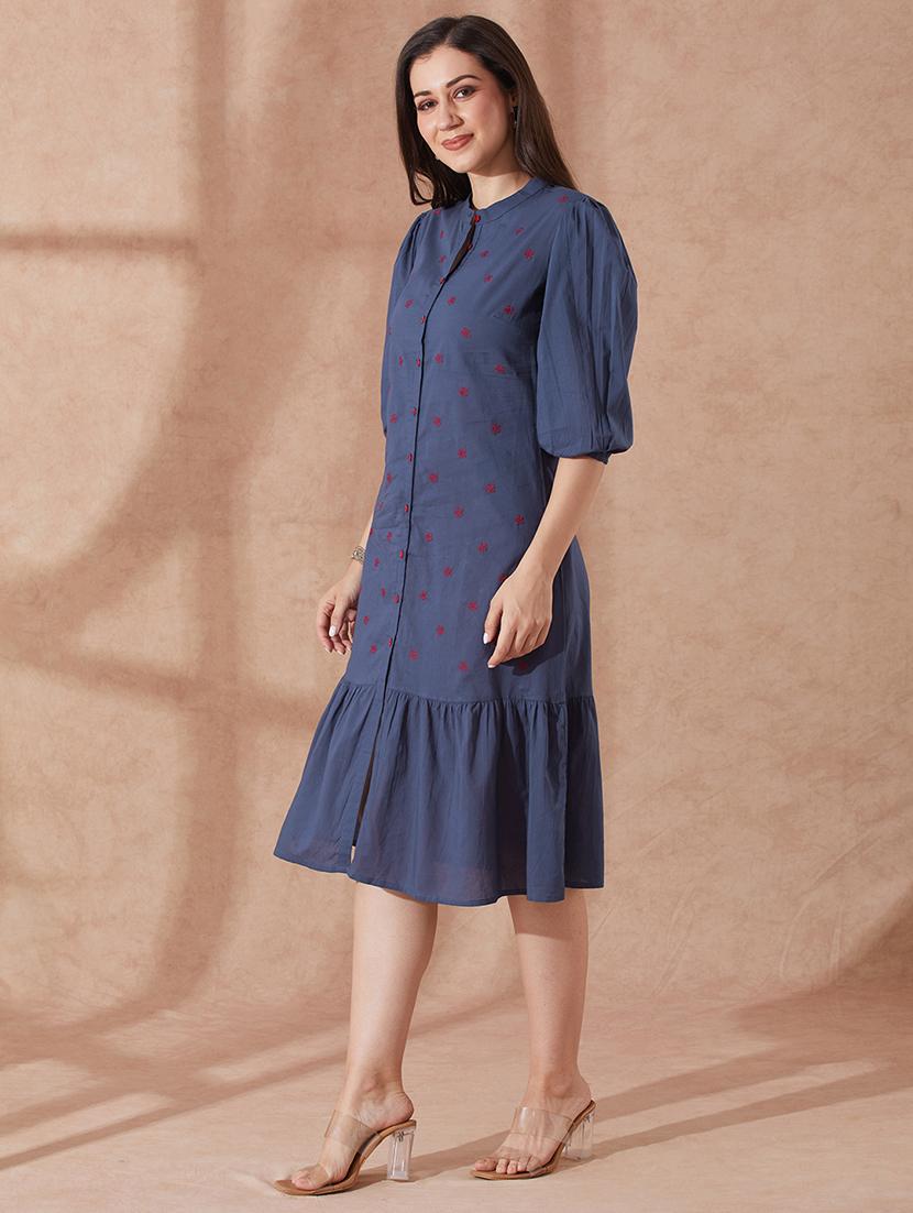 globus women blue round neck puff sleeves floral embroidered tiered dress - 21943128 - Standard Image - 1