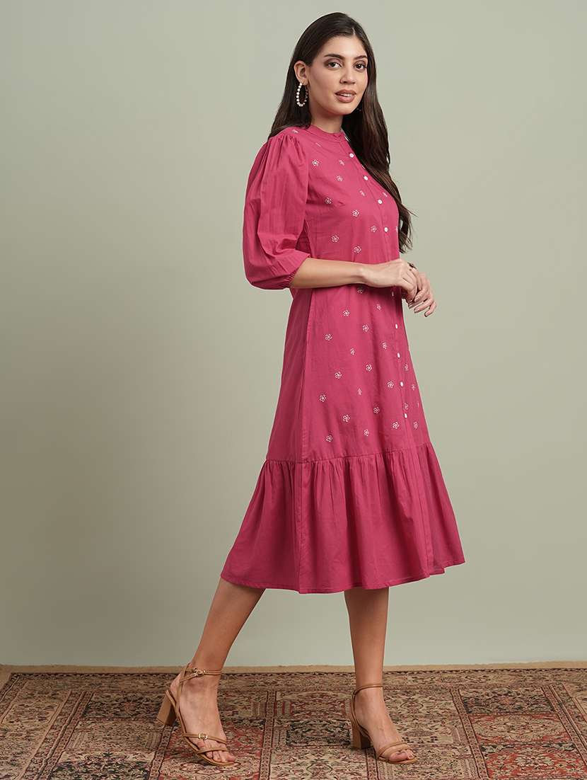 globus women blue round neck puff sleeves floral embroidered tiered dress - 21943129 -  Standard Image - 1