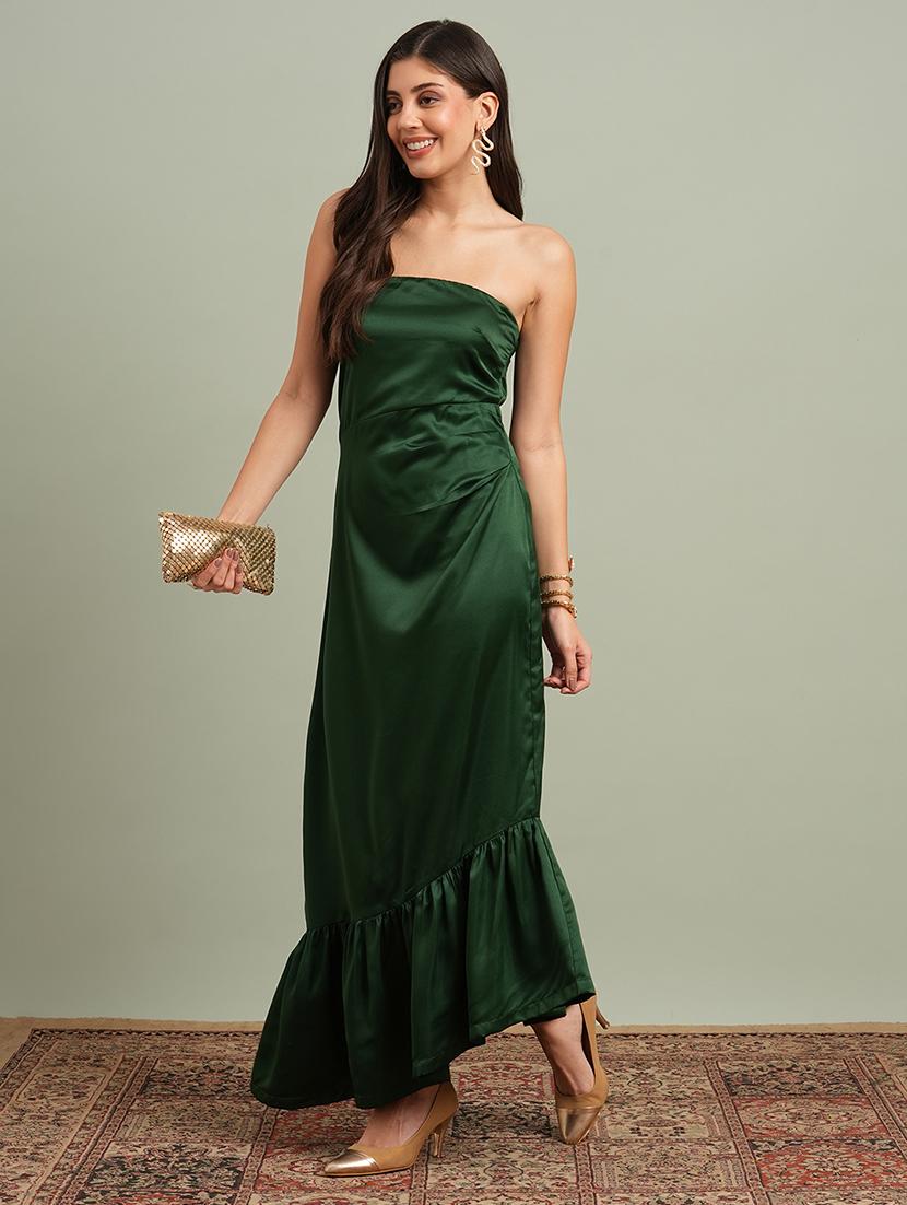globus women green off-shoulder solid pleated & ruffle detail satin tiered maxi party dress - 21943136 - Zoom Image - 0