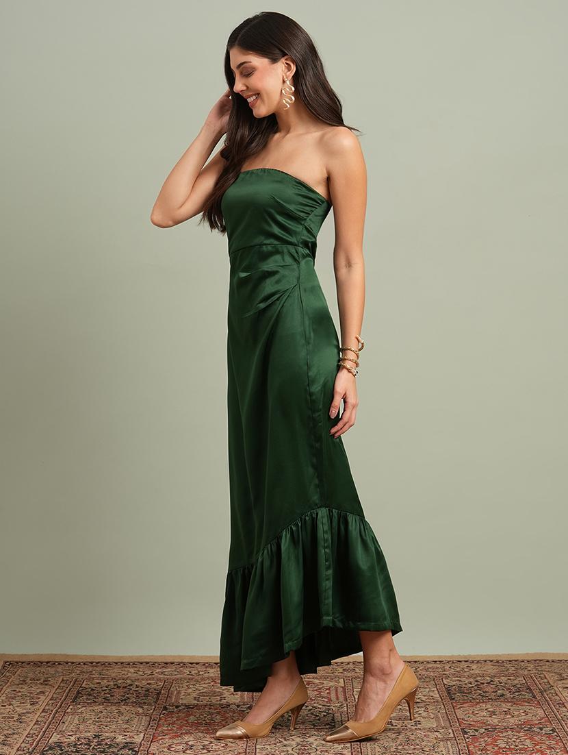 globus women green off-shoulder solid pleated & ruffle detail satin tiered maxi party dress - 21943136 - Standard Image - 1