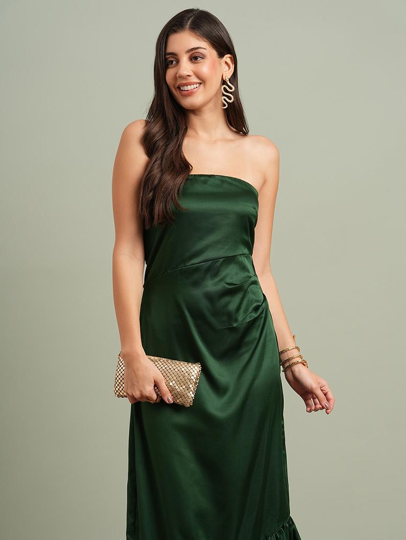 globus women green off-shoulder solid pleated & ruffle detail satin tiered maxi party dress - 21943136 - Standard Image - 4