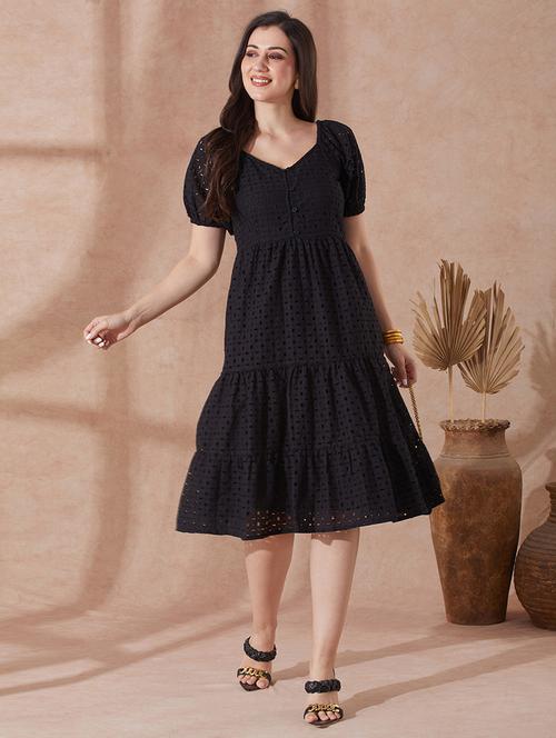 globus women black sweetheart neck puff sleeves self design schiffli tiered a-line resort dress - 21943137 - Standard Image - 0