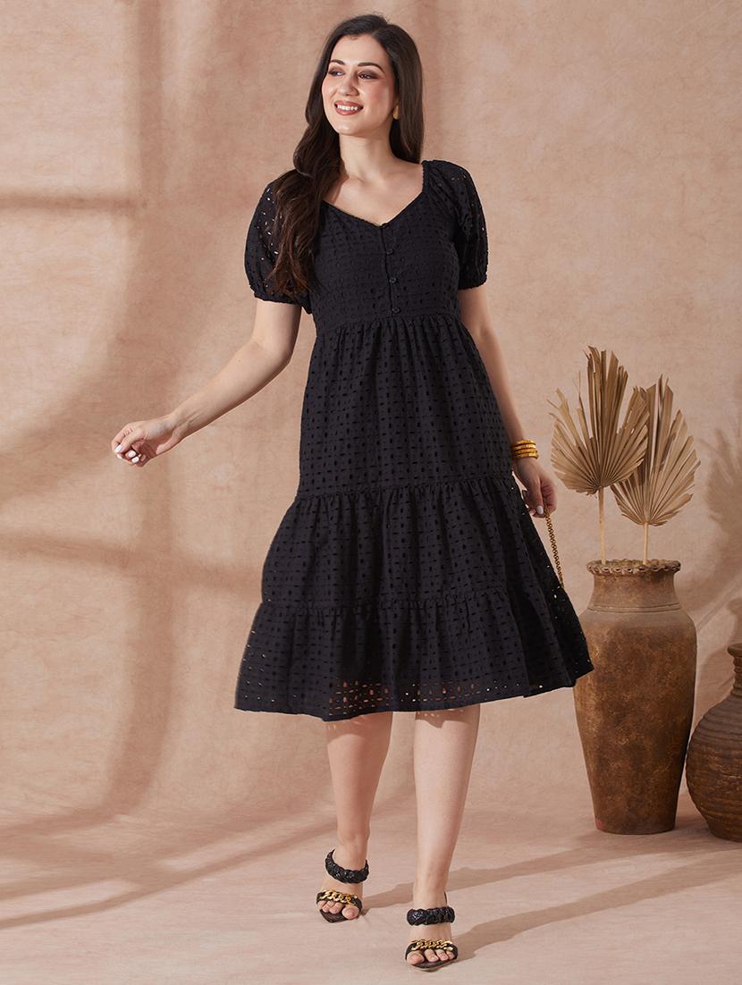 globus women black sweetheart neck puff sleeves self design schiffli tiered a-line resort dress - 21943137 - Zoom Image - 0