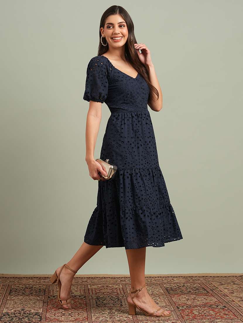 globus women navy blue sweetheart neck puff sleeves self design schiffli tiered a-line midi resort dress - 21943138 -  Standard Image - 1