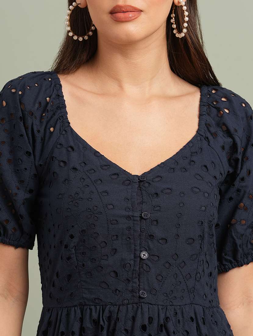 globus women navy blue sweetheart neck puff sleeves self design schiffli tiered a-line midi resort dress - 21943138 -  Standard Image - 4