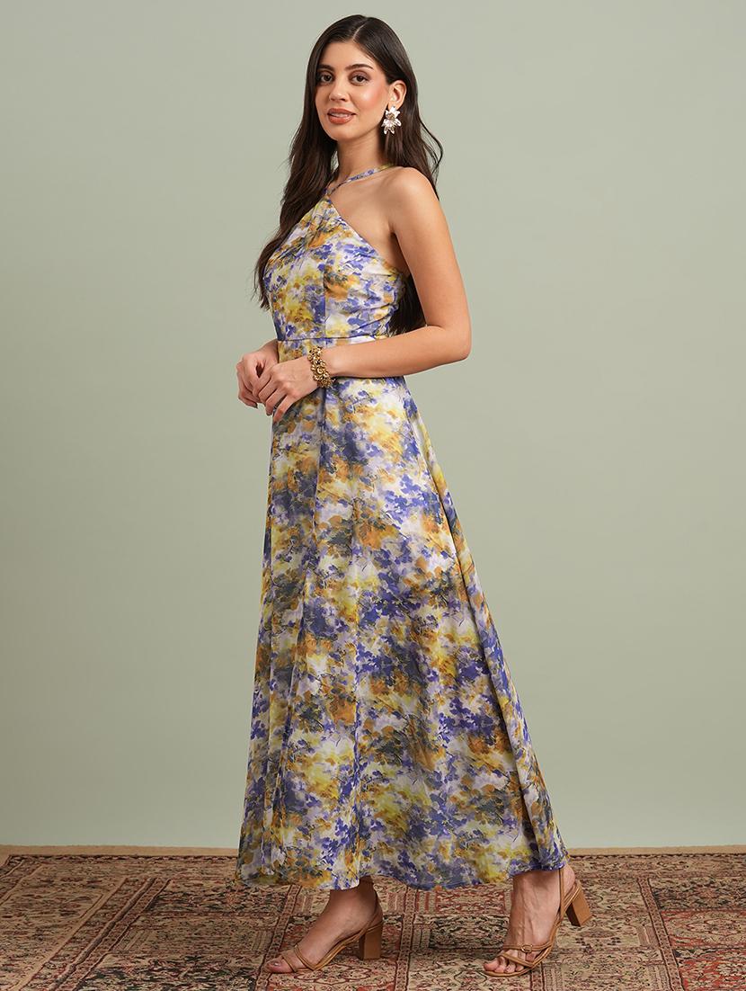 globus women yellow abstract print halter neck flared hem a-line maxi resort dress - 21943143 -  Standard Image - 1