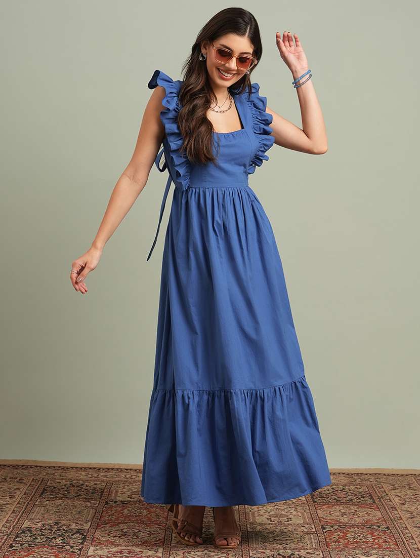 globus women blue square neck solid ruffles & tie-up detail tiered fit & flare maxi resort dress