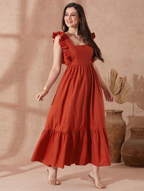 globus women rust square neck solid ruffles & tie-up detail tiered fit & flare maxi resort dress - 21943145 - Standard Image - 0