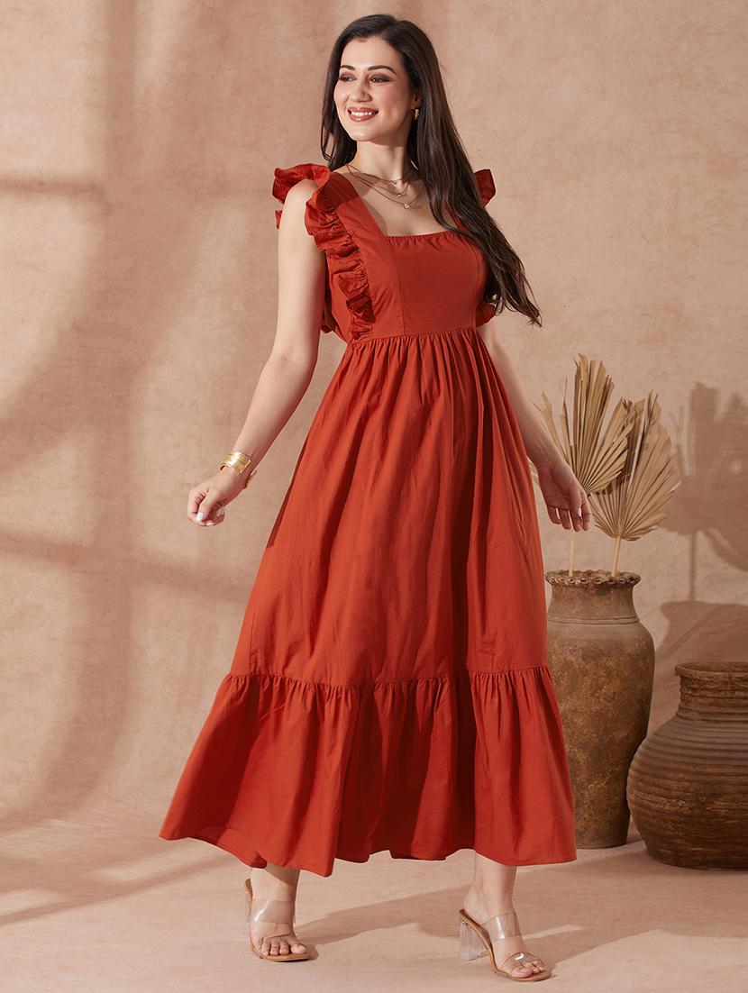 globus women rust square neck solid ruffles & tie-up detail tiered fit & flare maxi resort dress - 21943145 - Zoom Image - 0