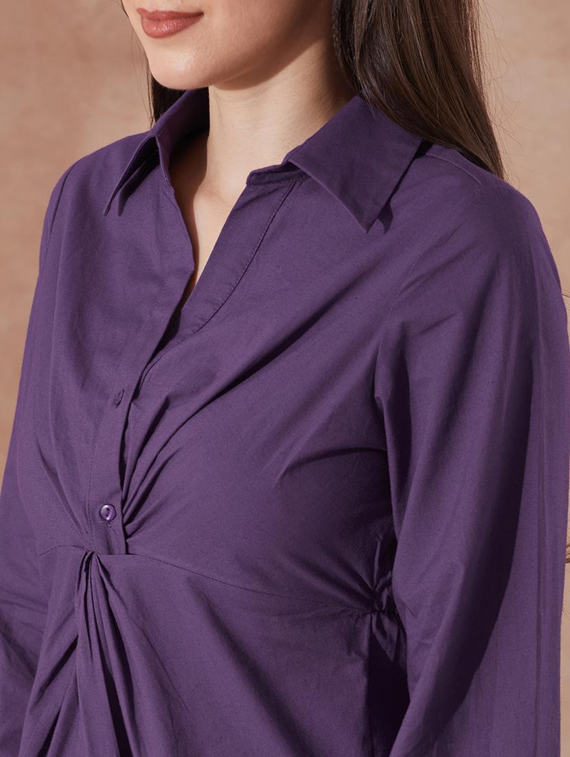 globus women mauve collared neck bishop sleeves solid twist knot detail midi workwear shirt dress - 21943146 - Standard Image - 4
