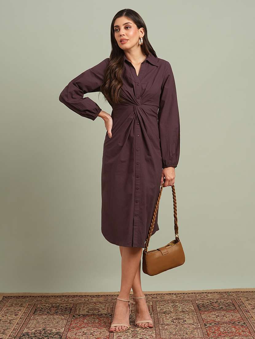 globus women brown collared neck bishop sleeves solid twist knot detail midi workwear shirt dress