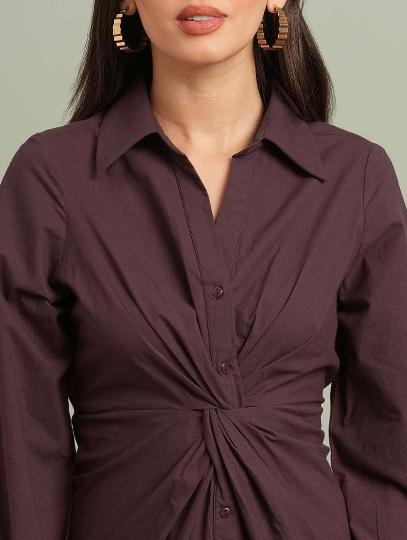globus women brown collared neck bishop sleeves solid twist knot detail midi workwear shirt dress - 21943147 - Standard Image - 4