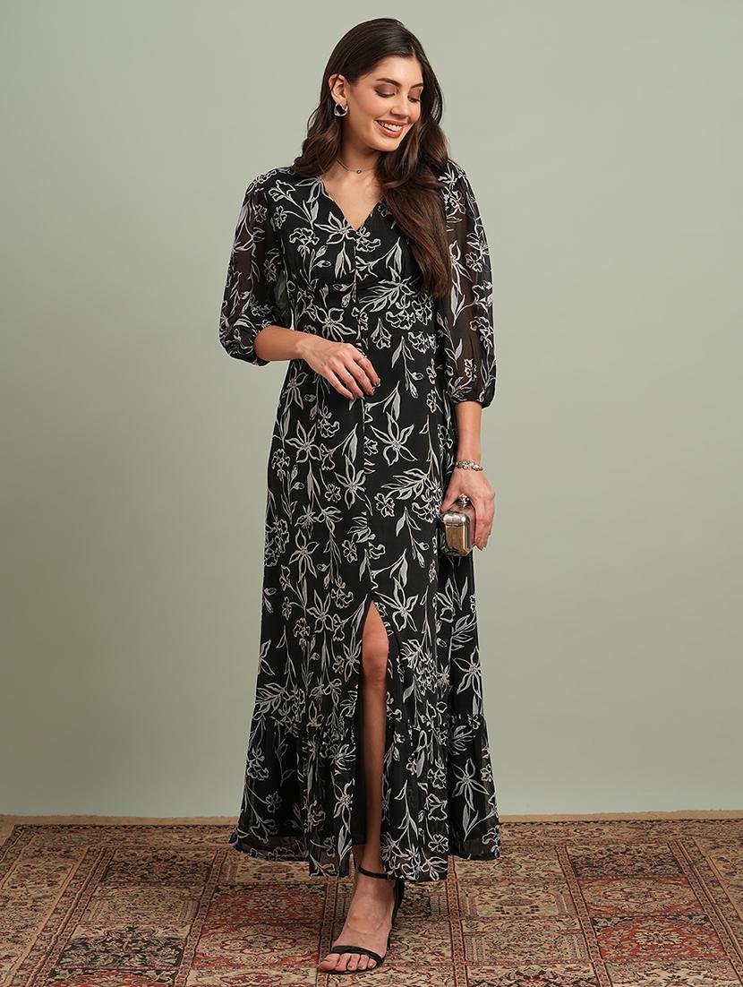 globus women black v-neck puff sleeves floral print front slit smocked fit & flare maxi resort dress - 21943149 -  Zoom Image - 0
