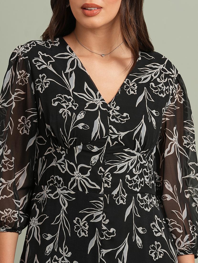 globus women black v-neck puff sleeves floral print front slit smocked fit & flare maxi resort dress - 21943149 - Standard Image - 4