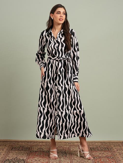 globus women black collared neck cuffed sleeves abstract print maxi workwear shirt dress with belt - 21943150 -  Standard Image - 0