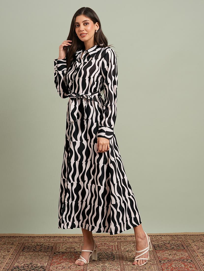 globus women black collared neck cuffed sleeves abstract print maxi workwear shirt dress with belt - 21943150 -  Standard Image - 1