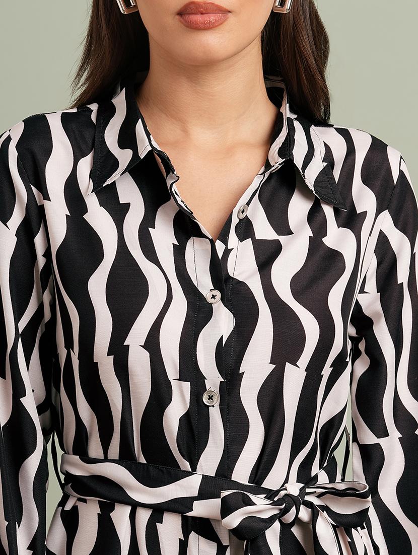 globus women black collared neck cuffed sleeves abstract print maxi workwear shirt dress with belt - 21943150 - Standard Image - 4