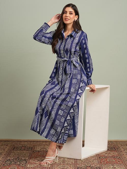 globus women blue collared neck cuffed sleeves maxi workwear shirt dress with belt - 21943151 - Standard Image - 0