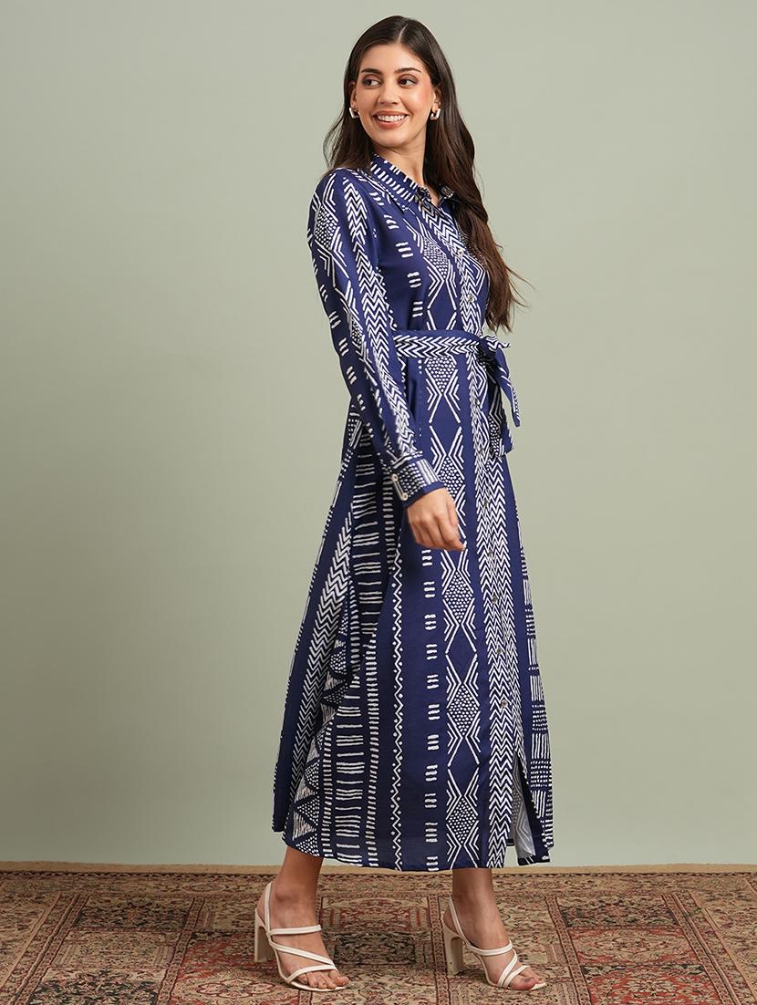 globus women blue collared neck cuffed sleeves maxi workwear shirt dress with belt - 21943151 - Standard Image - 1