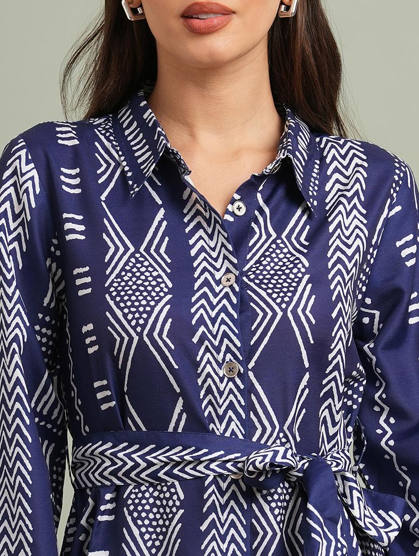 globus women blue collared neck cuffed sleeves maxi workwear shirt dress with belt - 21943151 - Standard Image - 4