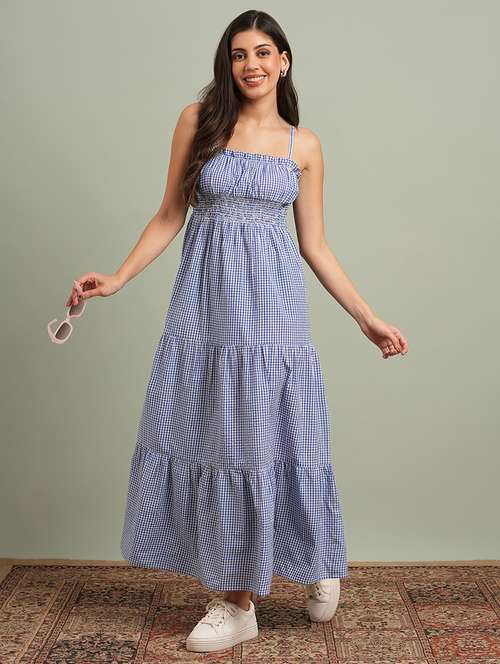 globus women blue square neck strappy shoulder gingham checks smocked tiered fit & flare maxi resort dress - 21943152 - Standard Image - 0
