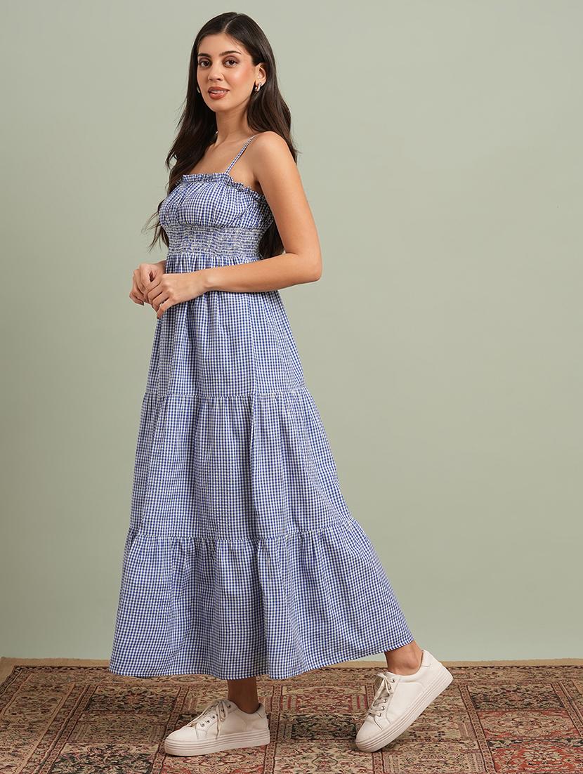 globus women blue square neck strappy shoulder gingham checks smocked tiered fit & flare maxi resort dress - 21943152 - Standard Image - 1
