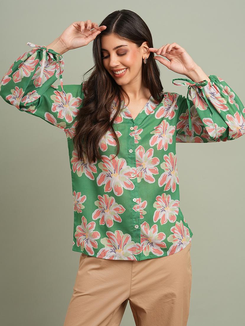 globus women green floral print v-neck bishop sleeves shirt style top - 21943196 -  Zoom Image - 0