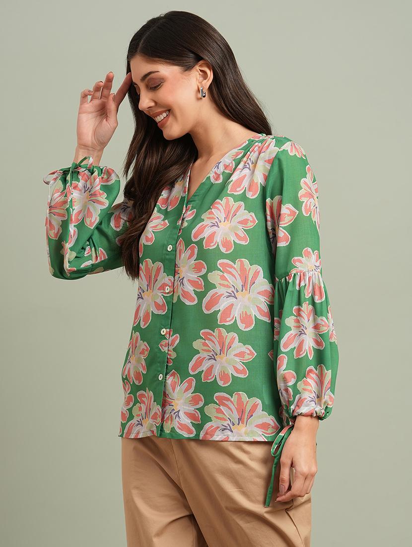 globus women green floral print v-neck bishop sleeves shirt style top - 21943196 - Standard Image - 1