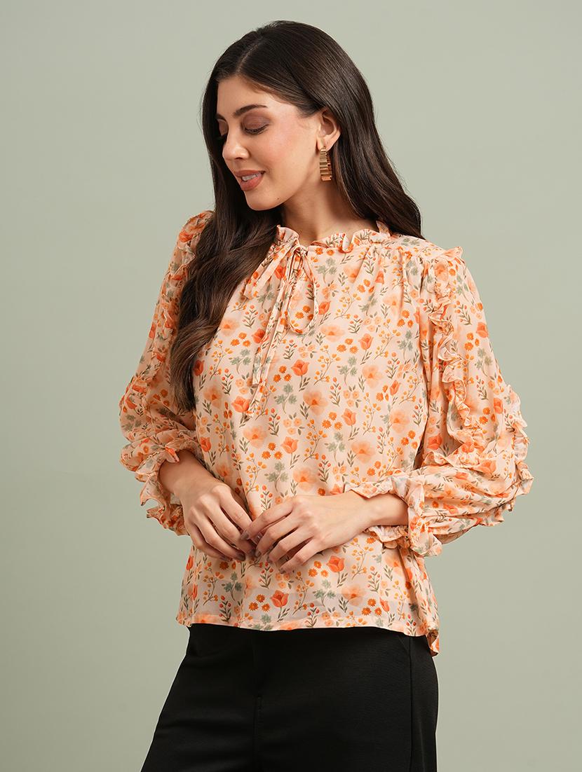 globus women orange floral print bishop sleeves tie-up round neck ruffle detail top - 21943197 - Standard Image - 1