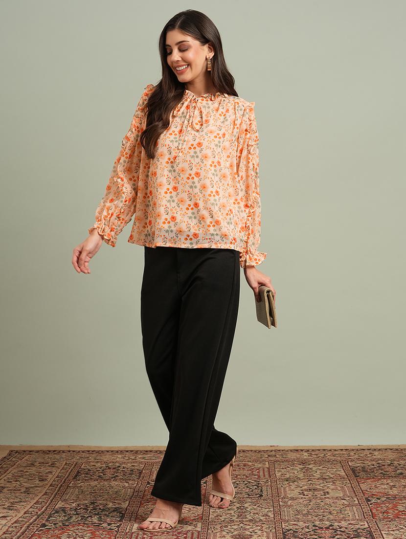 globus women orange floral print bishop sleeves tie-up round neck ruffle detail top - 21943197 - Standard Image - 4