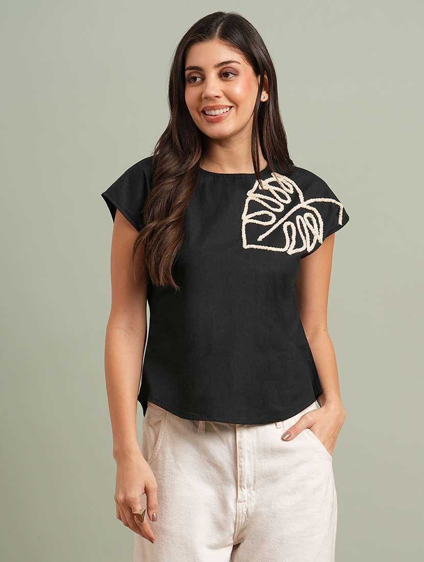globus women black extended sleeves embroidered detail back button top