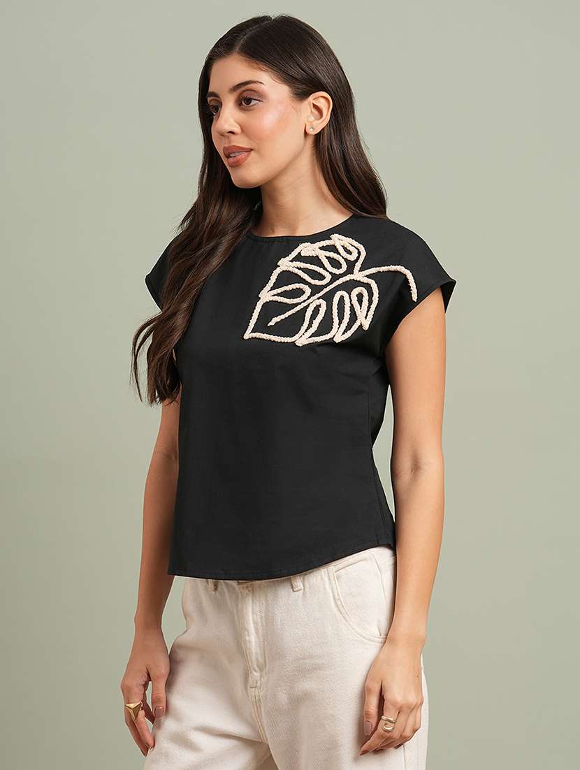 globus women black extended sleeves embroidered detail back button top - 21943198 -  Standard Image - 1
