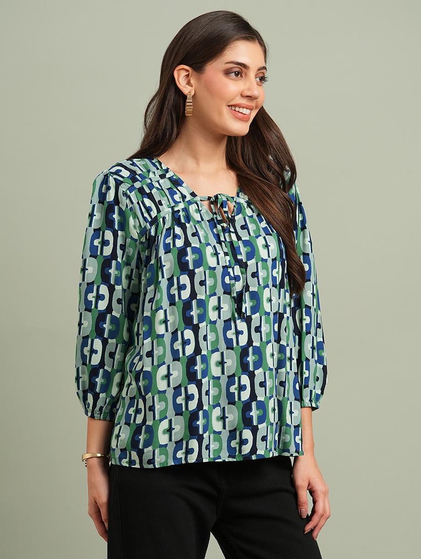 globus women green v-neck bishop sleeves abstract print tie up detailing top - 21943200 - Standard Image - 1