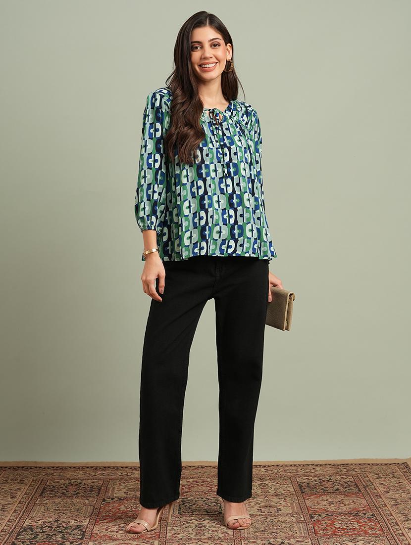 globus women green v-neck bishop sleeves abstract print tie up detailing top - 21943200 - Standard Image - 4