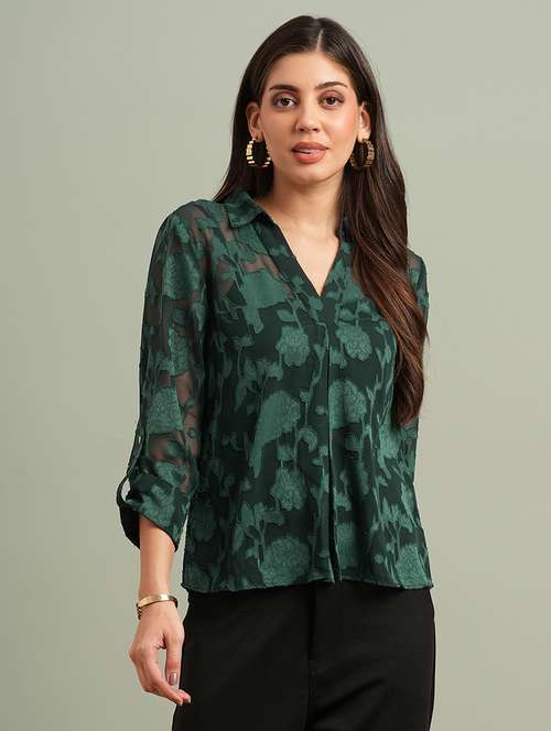 globus women green collared v-neck roll-up sleeves floral self design shirt style top - 21943201 - Standard Image - 0