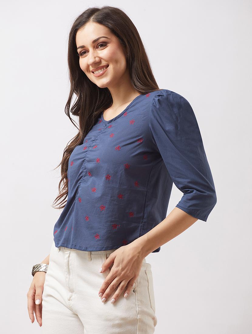 globus women blue puff sleeves floral embroidered gathered detail top - 21943202 - Standard Image - 1