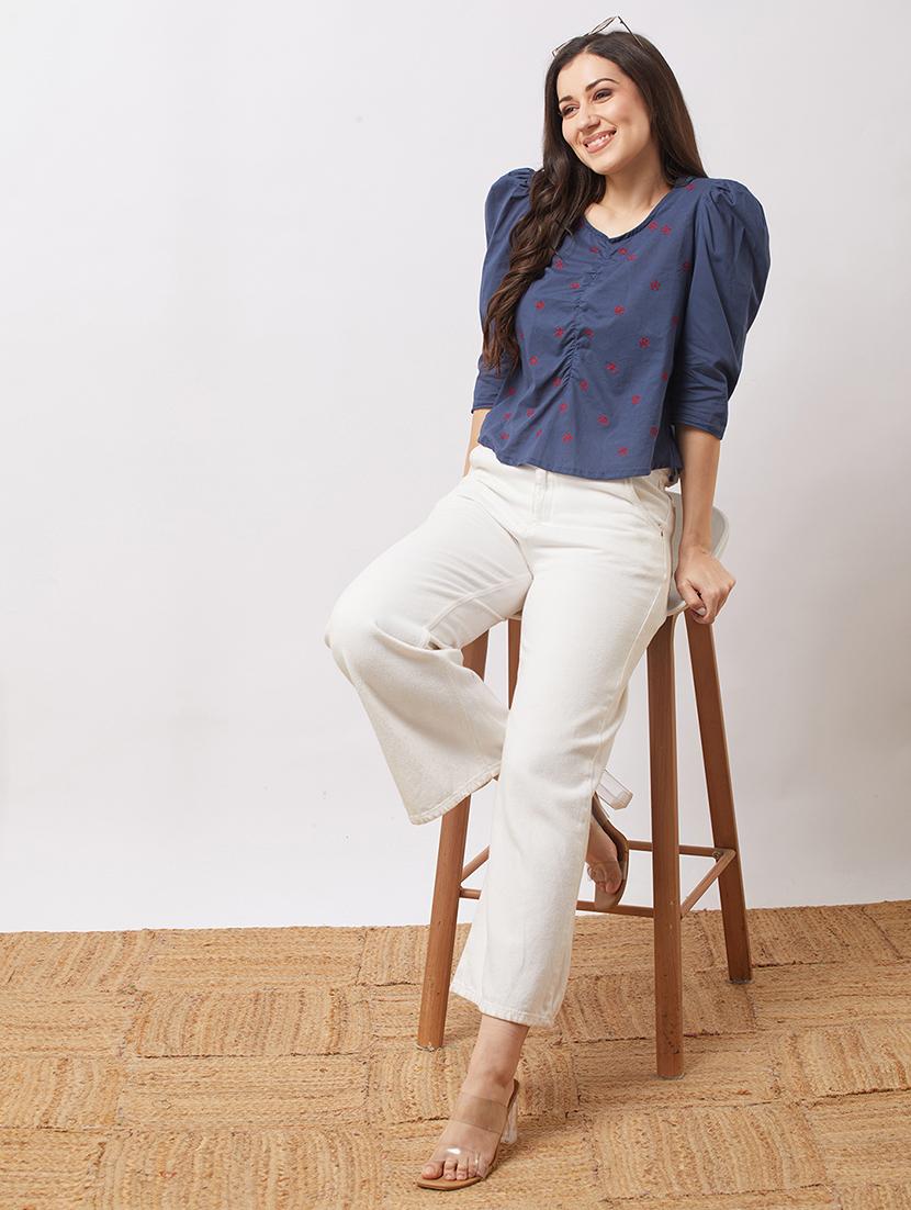globus women blue puff sleeves floral embroidered gathered detail top - 21943202 - Standard Image - 4