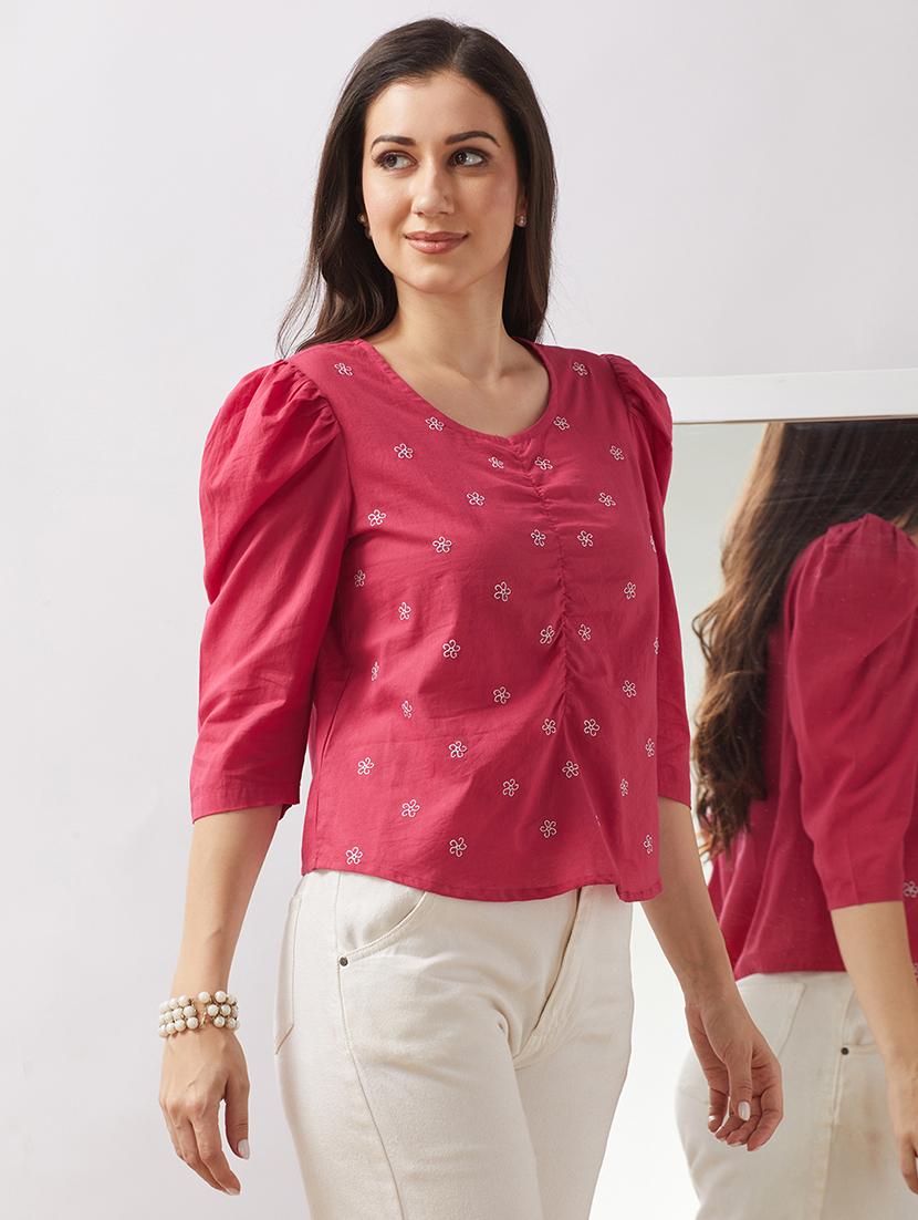 globus women pink puff sleeves floral embroidered gathered detail top - 21943203 -  Standard Image - 1