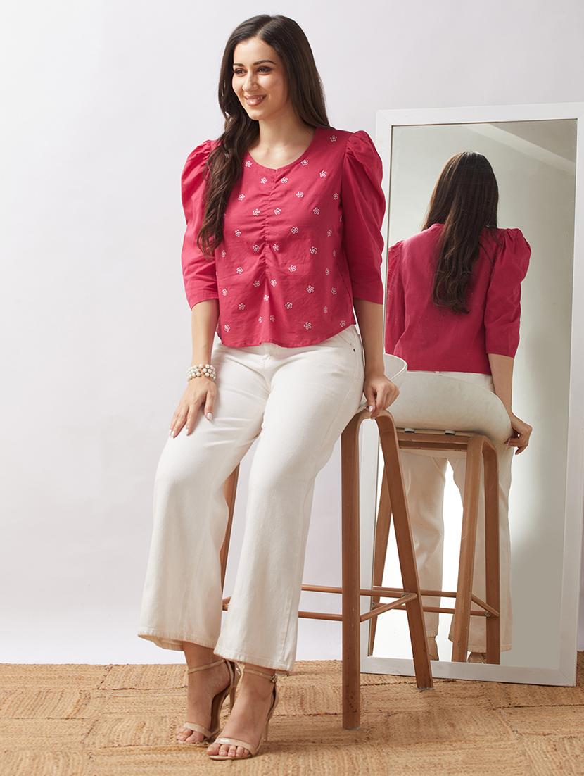 globus women pink puff sleeves floral embroidered gathered detail top - 21943203 - Standard Image - 4