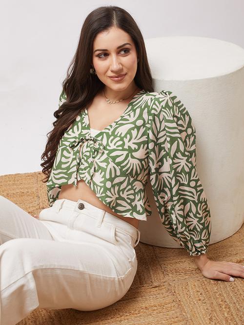 globus women green v-neck bishop sleeves abstract print tie-up detail crop top - 21943207 - Standard Image - 0