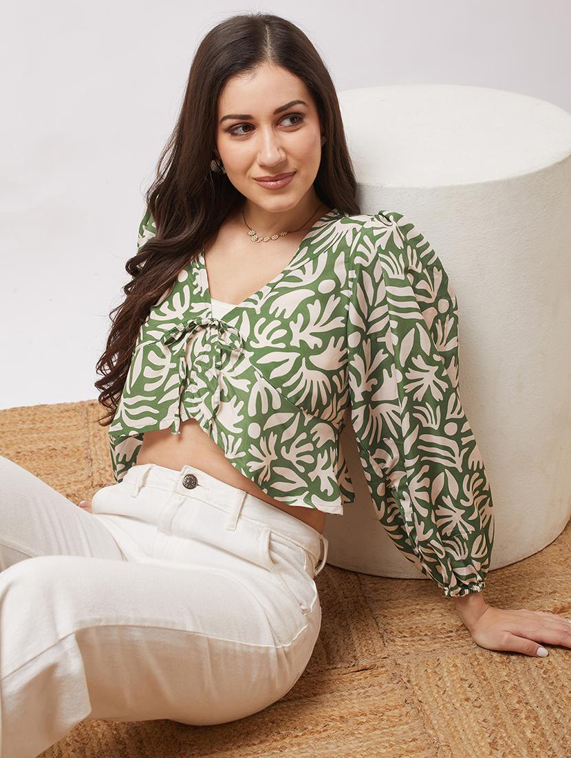 globus women green v-neck bishop sleeves abstract print tie-up detail crop top - 21943207 - Zoom Image - 0