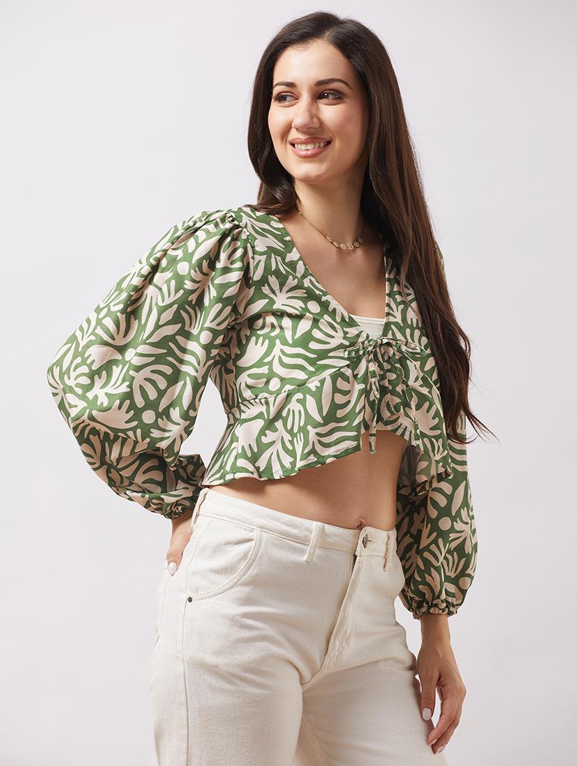globus women green v-neck bishop sleeves abstract print tie-up detail crop top - 21943207 -  Standard Image - 1