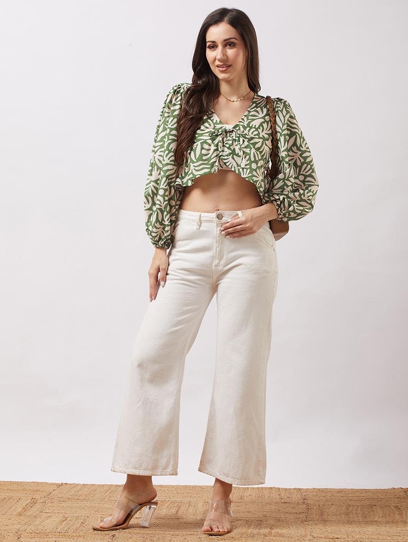 globus women green v-neck bishop sleeves abstract print tie-up detail crop top - 21943207 - Standard Image - 4